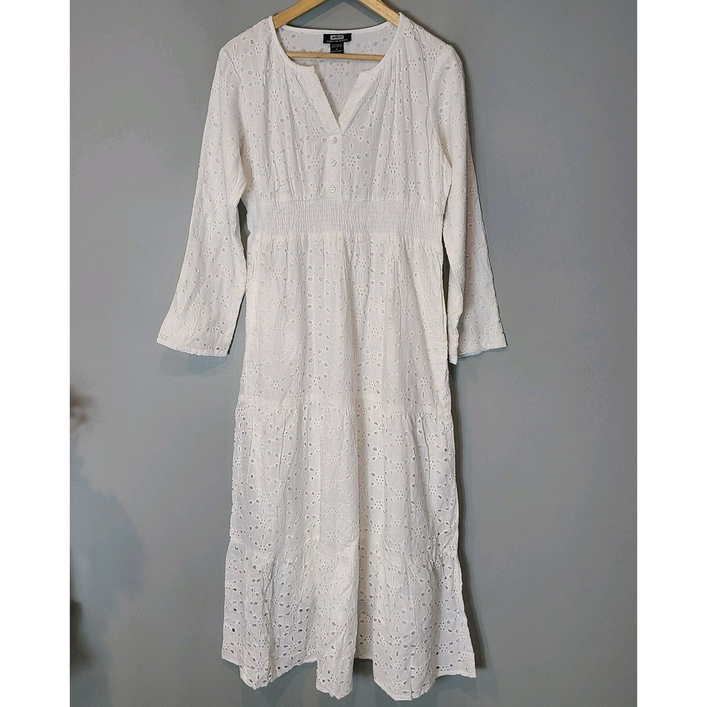 NAOO Cotton White Eyelet Lace Tiered Flowy Boho Cottage Maxi Dress Sz L Resort